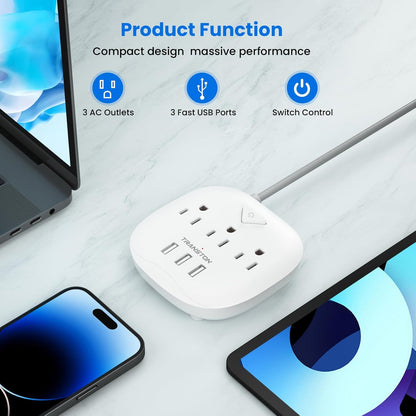 Power Strip 3 Outlets and 3 USB Ports with Switch Control, Desktop Charging Station with 5 Ft Extension Cord, Compact for Nightstand, Office and Travel - White