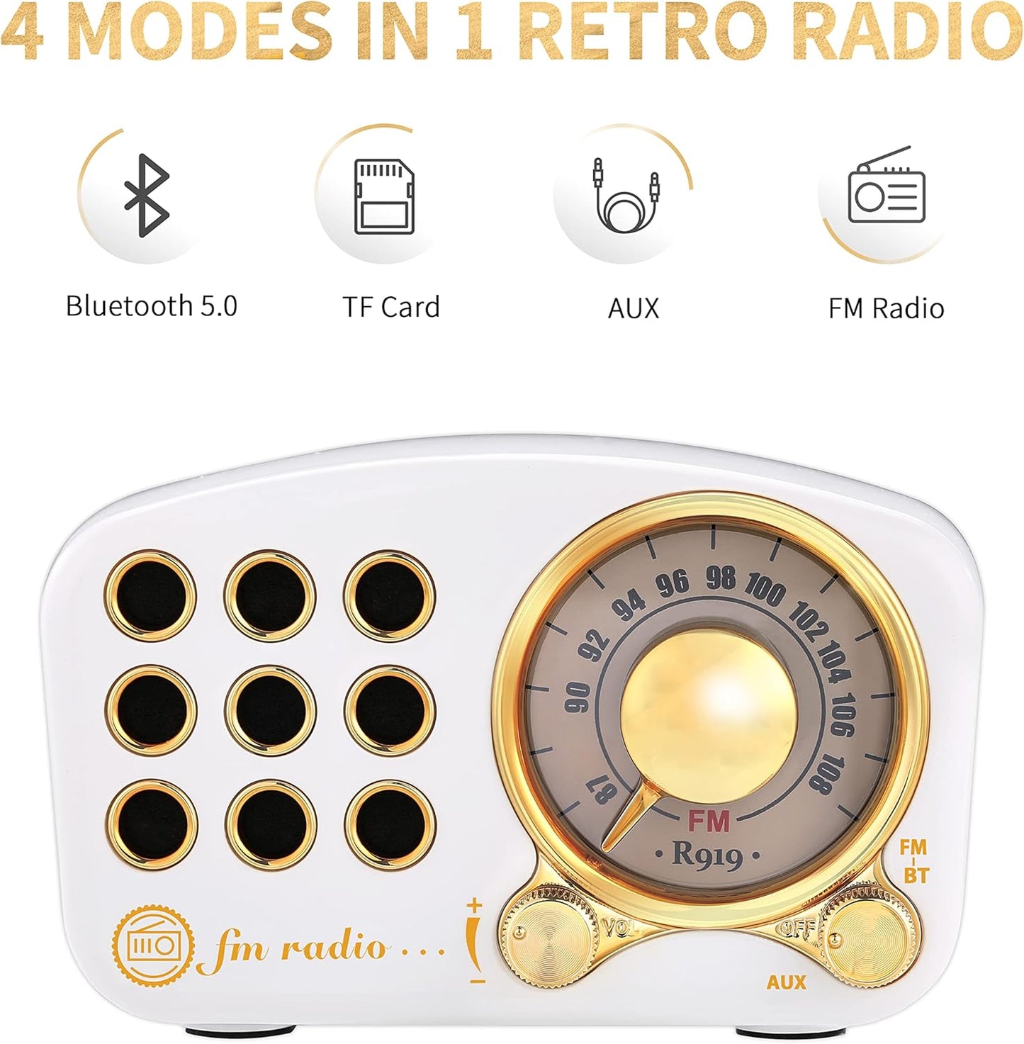 Retro Bluetooth Speaker FM Vintage Radio with Loud Volume, Strong Bass Enhancement, Bluetooth 5.0 Wireless Connection, TF Card & MP3 Player