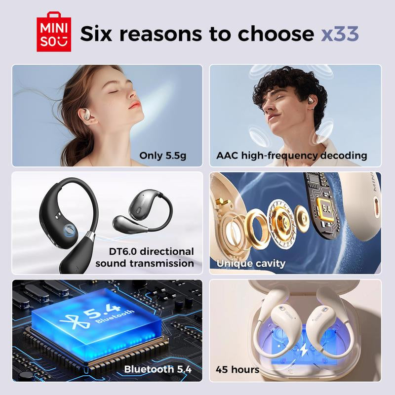 MINISO True Wireless Open Ear Earbuds Bluetooth 5.4, IPX5 Waterproof,48Hours Play Time,Ows Headphones Immersive Premium Sound Long Distance Connection Headset with Charging Case,Light-Weight Headphones Built-In Microphone